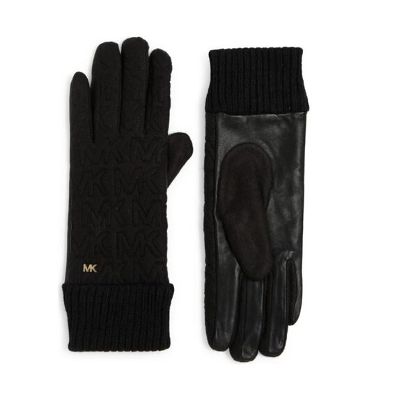 Michael Kors Logo Womens Black Quilted Knit Leather Trim Gloves Sz M New - Picture 1 of 6